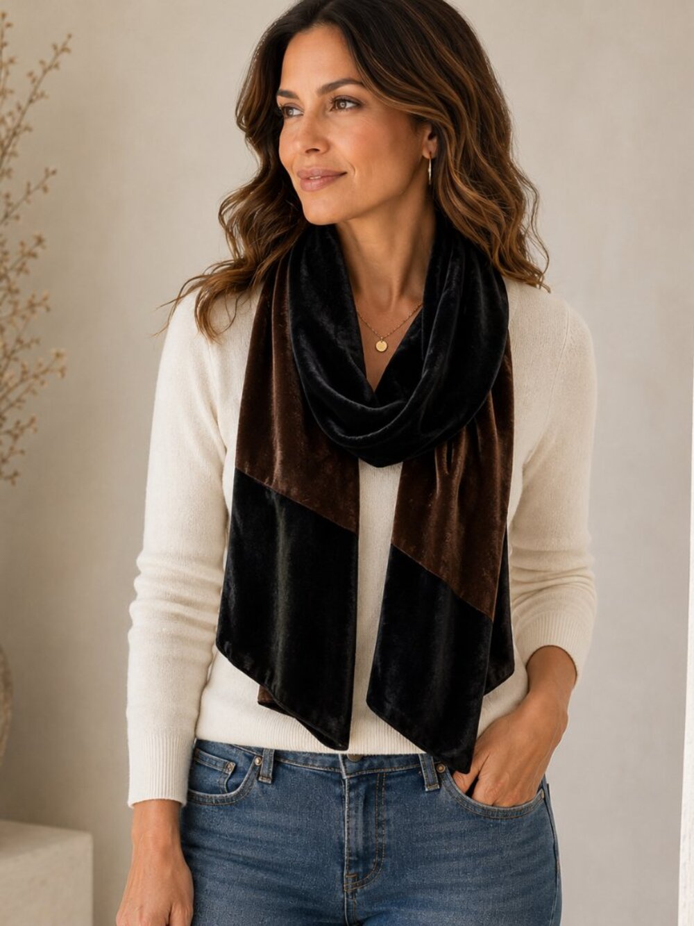 Kenneth Cole Collection Scarf Black Brown Colorblock Rayon Soft Lightweight Luxe